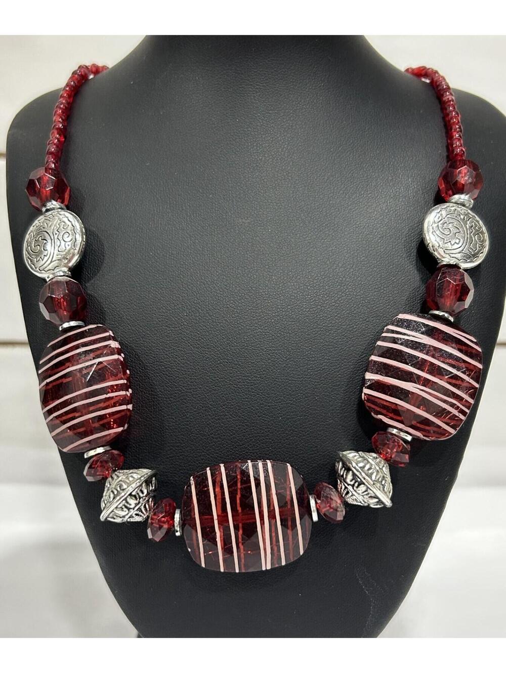 Vintage Necklace, Red Glass Beads W/ White Stripes
